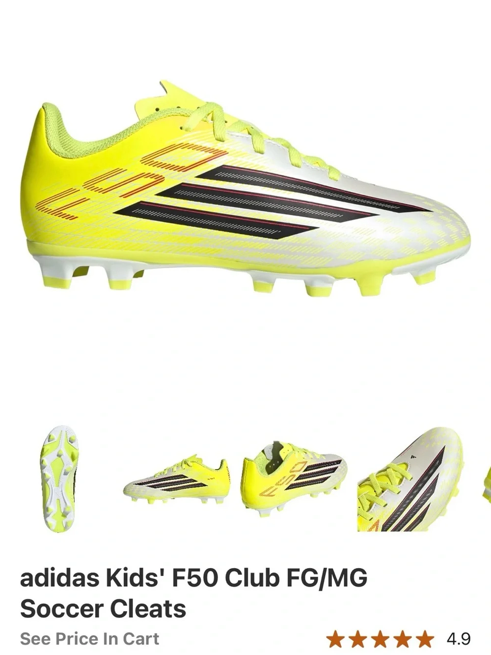 adidas Kids Neon Yellow White Soccer Cleats with Black Stripes